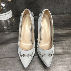 나무장식 새틴 스틸레토 하이힐