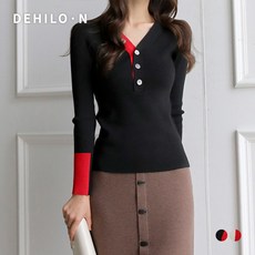 데일로엔 여성용 컬러 배색 단추 헨리넥 긴팔 니트