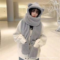 멀티 러블리 곰돌이 귀따뜻 이중 도톰한 모자 세트 가을 겨울 여성 모자 목도리 장갑 일체, 쓰리피스-그레이