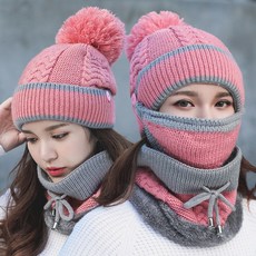 방한모 넥워머 마스크 3종 비니 솔방울 핑크
