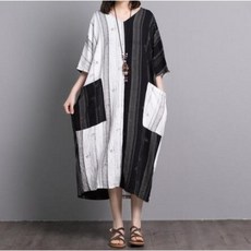 여성의류 빅포켓 빅사이즈 배색 중년 롱 원피스