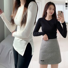 티데일리 여성용 트임 스판 라운드 베이직 긴팔 티셔츠 긴소매