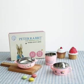 孩童彼得兔圖案不鏽鋼碗盤餐具組 3入, 粉色3603, 不鏽鋼飯碗+不鏽鋼湯碗+不鏽鋼杯