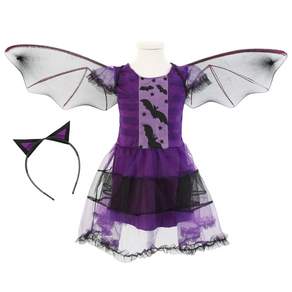ROROCHAT 女孩萬聖節蝙蝠連身裙+翅膀+頭飾