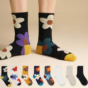 SOCKSHOP 女款花朵印花中筒襪 5雙+素色中筒襪組 3雙