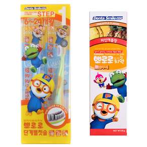 Pororo 牙刷 第1階段 2入 隨機出貨+牙膏, 鳳梨口味, 1組