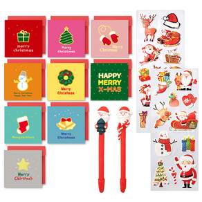 2Youngdesign Shiny X MAS 卡片 9 套 + 聖誕老人圓珠筆 2p + X mas Long Deco 貼紙 2p, 隨機發貨, 1套