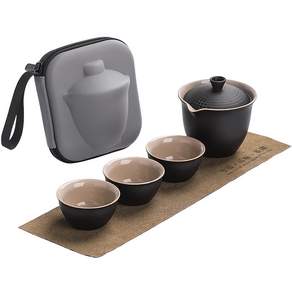 Chaksalim 便攜式茶壺茶道套組, 黑色(茶壺/茶杯), 1套, 茶壺 + 茶杯 3p + 袋 + 墊