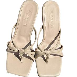Belefe 女式 Selrose 方形綁帶扭紋人字拖穆勒鞋跟 8 厘米, 米色, 250