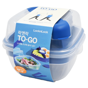 LocknLock Togo 沙拉保鮮盒 藍色, 保鮮盒950ml+隔板+迷你醬料盒+密封蓋+叉勺+塑膠刀, 1組