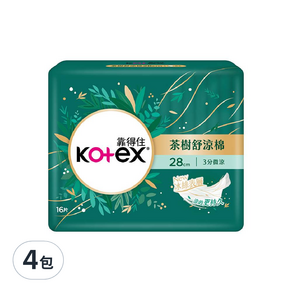 Kotex 靠得住 茶樹舒涼棉 涼感衛生棉 3分微涼, 28cm, 16片, 4包