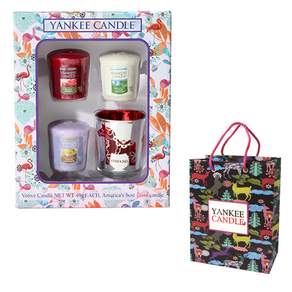 YANKee CANDLe 許願蠟燭 3 種 + 銀色瑞典小馬燭台紅色 + 購物袋禮品套裝, 隨機出貨