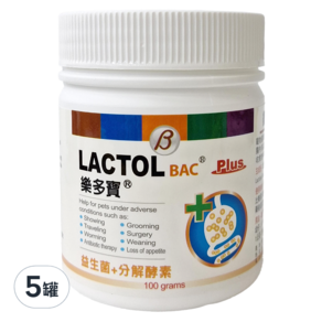 LACTOL BAC 樂多寶 活性腸益粉 犬/貓/小動物適用 100g, 腸道健康/乳酸菌, 益生菌, 5罐