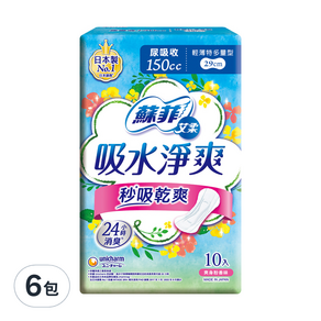 SOFY 蘇菲 艾柔 吸水淨爽護墊 輕薄特多量型150cc 爽身粉香味, 29cm, 10片, 6包