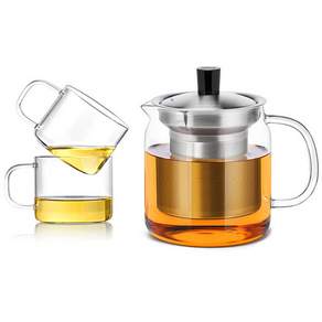sama DOYO 尚明 耐熱玻璃不銹鋼過濾茶壺 S045 + 茶杯套組, 茶壺 700ml + 茶杯 150ml x 2p, 1套