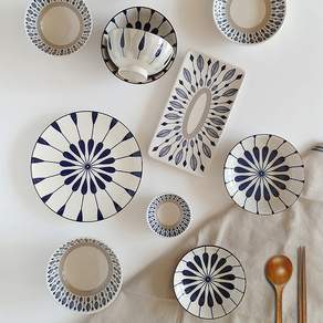 陶瓷雙人碗盤組, 藍白色, 1組, 11入
