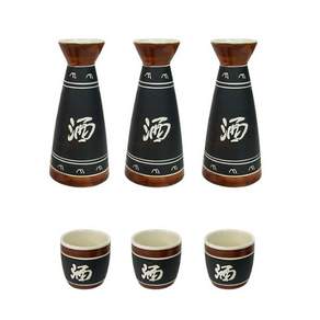 O椅A黑紋棕瓷酒瓶+酒杯套組, 3套, 瓶子 3p + 玻璃 3p