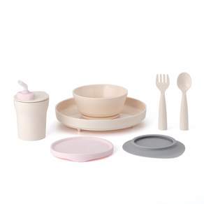 miniware 微兒 第2代副食品吸附餐具組, 乳白色+粉色, 蓋子+碗+盤子+吸盤底座+吸管杯+湯匙+叉子