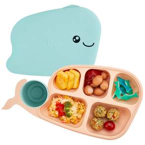 Firgi 幼兒自導特製鯨魚餐盤套組, 淡色薄荷, 盤子+蓋子+杯子