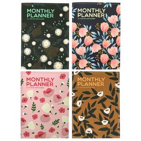 PINKFOOT 花朵印花月規劃筆記本 4本, 棕色+海軍藍+黑色+粉色, 1組