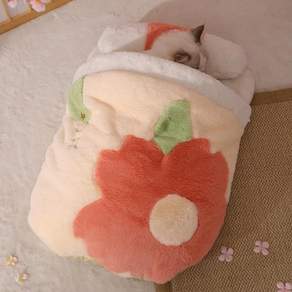 貓用花朵圖案絨毛睡袋+枕頭組, 粉色的