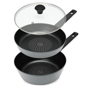 Sisem 모던 다이아몬드 코팅 프라이팬 세트 3개, 그레이, 프라이팬 24cm + 궁중팬 24cm + 유리뚜껑 24cm, 1세트