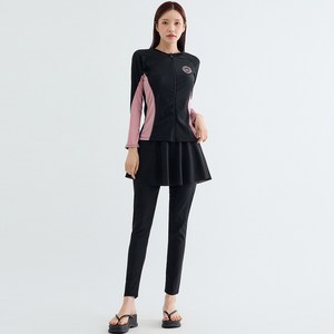 엘쏘 여성용 긴팔 래쉬가드 집업 + 긴바지 + 스커트 + 브라탑 수영복 세트, 핑크