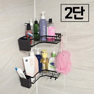 구구가게 욕실 코너선반 2단 깔끔 수납 정리대, 2개 1세트, 블랙