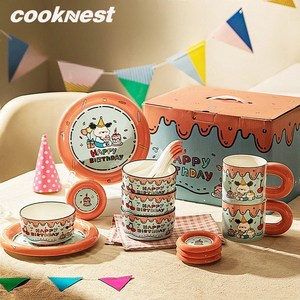 CookNest 1인 식기 세트 생일 선물 예쁜 도자기 브런치 접시 세트, 만화, 1세트, 컵 + 그릇 + 접시 + 접시 + 젓가락 + 숟가락