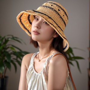 지와이픽 데일리 바캉스 여성 밀짚 버킷햇 라탄 모자