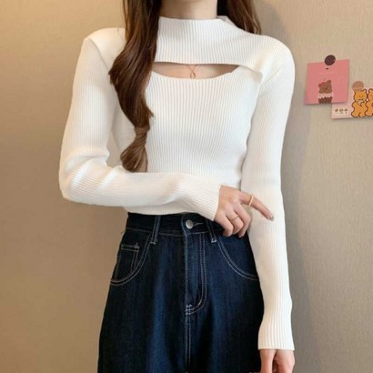 일월전빵 가을겨울 러블리 섹시 가슴트임 반폴라 골지 긴팔 티셔츠 B-C022