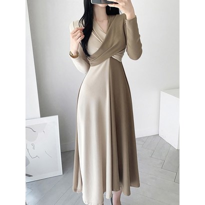 투톤 꼬임 셔링 배색 플레어 롱 원피스 리뷰 후기
