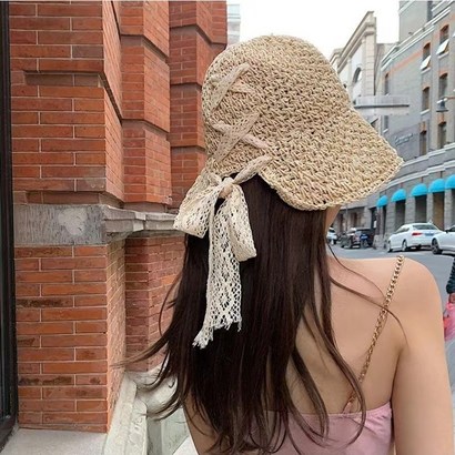 느와드코코 여름 리본 크로스 레이스 밀짚짜임 바캉스 캠핑 모자