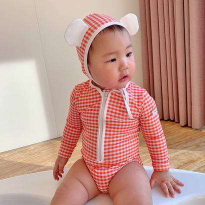 스윔마베베 아기수영복 체크집업 모자세트 국내생산
