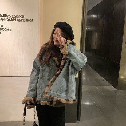 CHINA 피양면털자켓 레오파드털 청자켓 여성겨울털청자켓