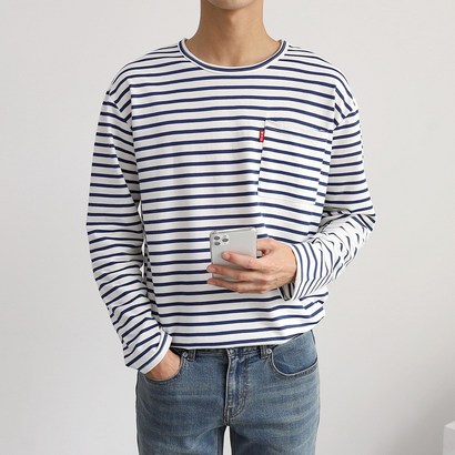 더베이직샵 스트라이프 제임스 세미오버 단가라 포켓 긴팔 라운드 티셔츠 3컬러 리뷰후기