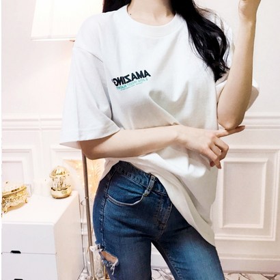 블랙몬스터핏 여자 반팔티 루즈핏 프린트 면 티셔츠 반팔