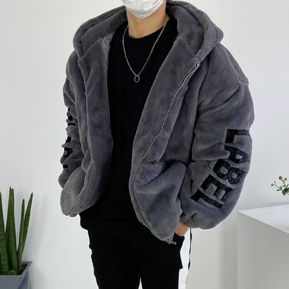 오버핏 소매 벨벳 자수 레터링 커플 밍크 퍼 후드 집업 패딩 점퍼 3coor