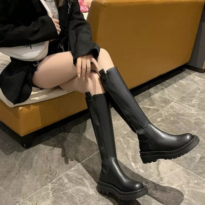첼시 롱 가죽 레더 스판 통굽 웨스턴 부츠 어글리 슈즈