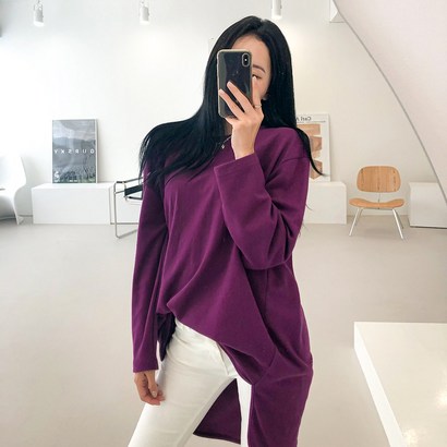 매드시스터 여성용 놀런 무지 긴팔 라운드넥 오버핏 빅사이즈 롱 티셔츠