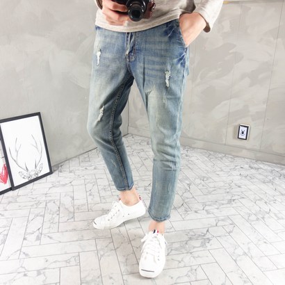 변필남 오픈밴딩 9부 배기핏 남자 데님팬츠