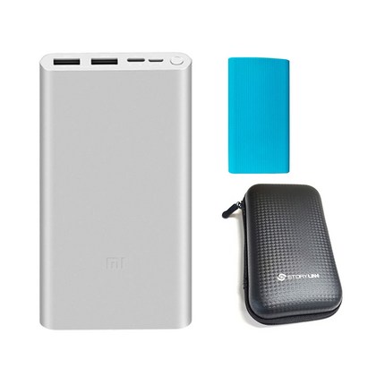 샤오미 5세대 보조배터리 10000mAh 멀티단자 + 젤리 케이스 + 휴대용 하드 파우치, PLM13ZM, 배터리(실버), 케이스(랜덤발송), 파우치(블랙)