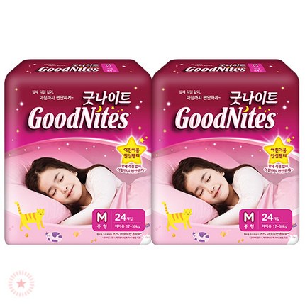 굿나이트 어린이용 안심팬티 기저귀 여아용 중형 24P, 2팩