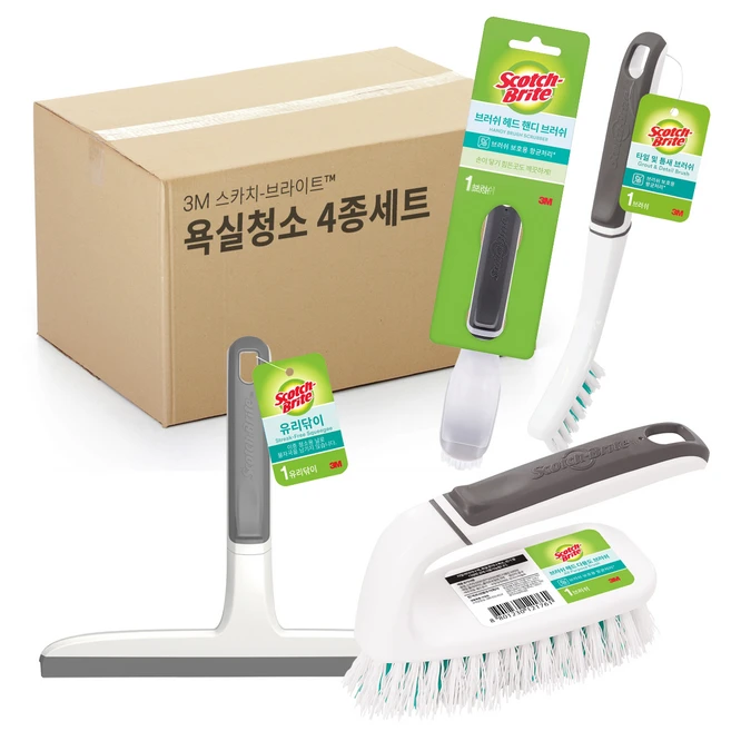 스카치브라이트 3M 욕실청소용 브러쉬 타일 틈새 브러쉬 + 다용도 브러쉬 + 핸디 브러쉬 + 유리닦이 4종, 1세트, 혼합색상