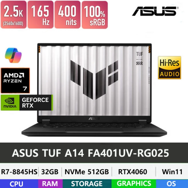 ASUS TUF Gaming A14 FA401UV-RG025 R7-8845HS/LPDDR5 32GB/NVMe 512GB/RTX4060/Win11Pro/QHD/14인치, ASUS TUF 14 FA401UV-RG025, WIN11 Pro, 32GB, 512GB, 예거그레이