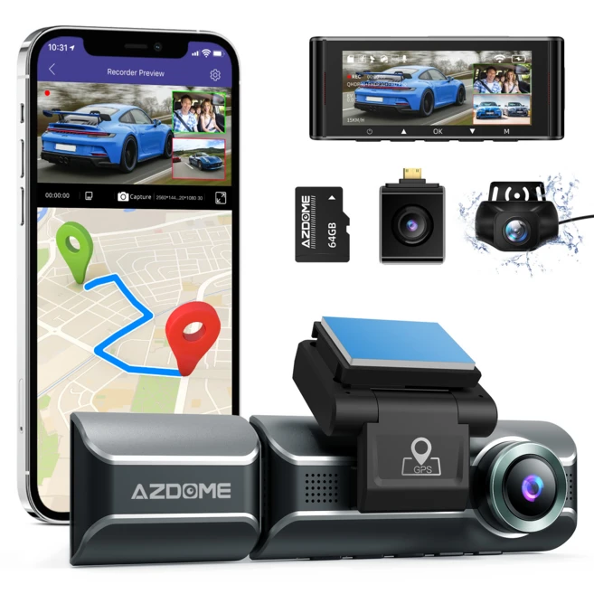아즈돔 UHD 3채널 4K 블랙박스 M550 WiFi 스마트폰 연동지원, 본품 + GPS + 메모리, 64GB