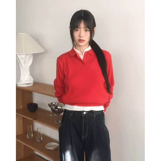 [8col/레이어드] 크단 카라 버튼 슬림핏 니트