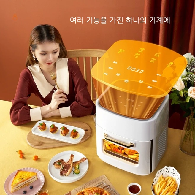 가정용 15L 대용량 에어프라이어 3단 그릴 투명 유리 핸들, 다크 그린