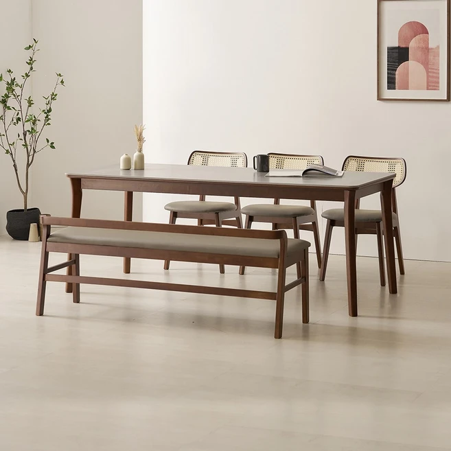 라로퍼니처 발리 1900 포세린 통 세라믹 6인 라탄 식탁 세트, 식탁+의자3+벤치1(그레이상판)