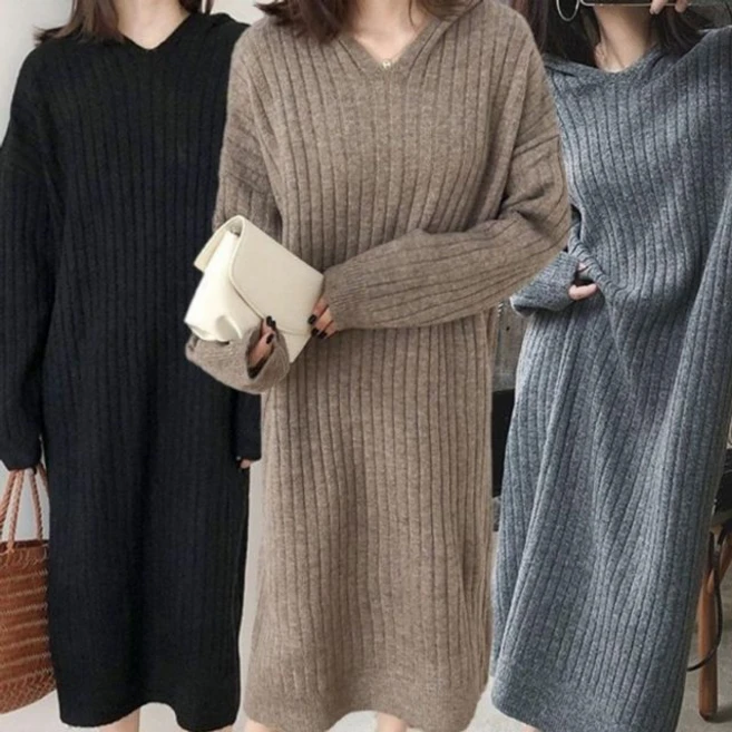 여성 골지 데일리 후드 겨울 보온 니트 가을 롱 원피